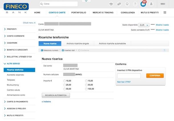 Ricarica WINDTRE homebanking