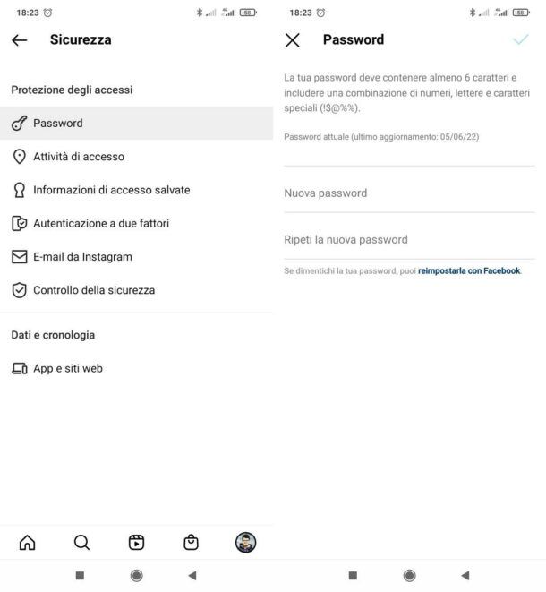 Cambiare password Instagram
