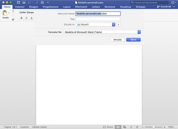 Salvataggio modello di Word su macOS