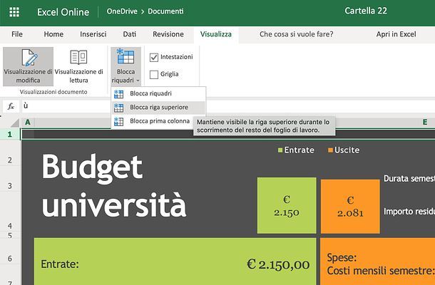 Come bloccare la prima riga in Excel Online