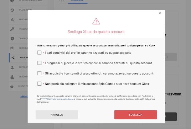 Rimozione account Xbox da Epic Games