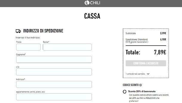 Cassa metodo di pagamento indirizzo spedizione CHILI