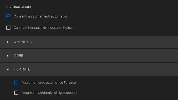 Aggiornamento automatico Fortnite Epic Games Launcher PC Windows