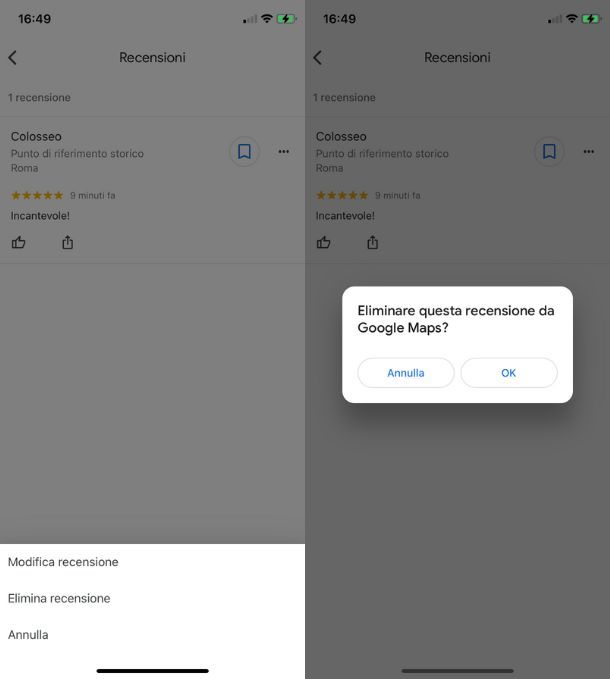 Cancellare recensione Google Maps smartphone