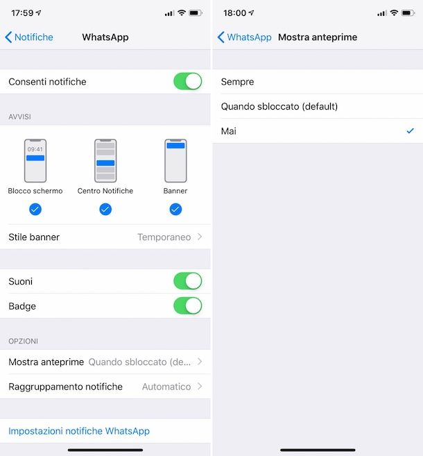 Come togliere anteprima messaggi WhatsApp