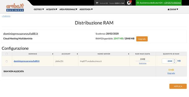 Allocazione RAM Aruba