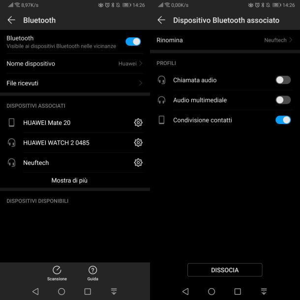 Impostazioni Bluetooth