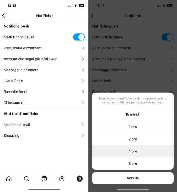 Disattivare notifiche Instagram
