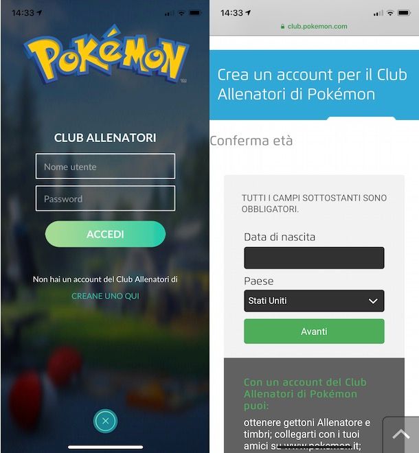 Accedere a Pokémon GO con Club Allenatori di Pokémon