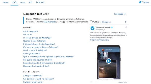 Screenshot della sezione del sito di Telegram dedicata alle FAQ