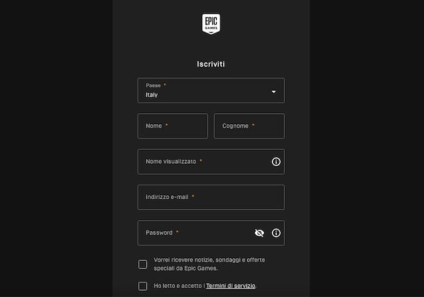 Creazione account Epic Games