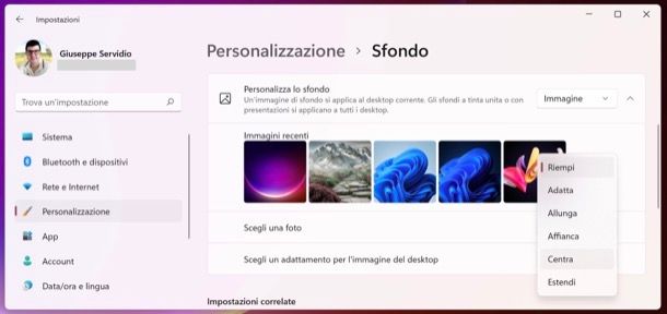 Adattare sfondo desktop su Windows 11