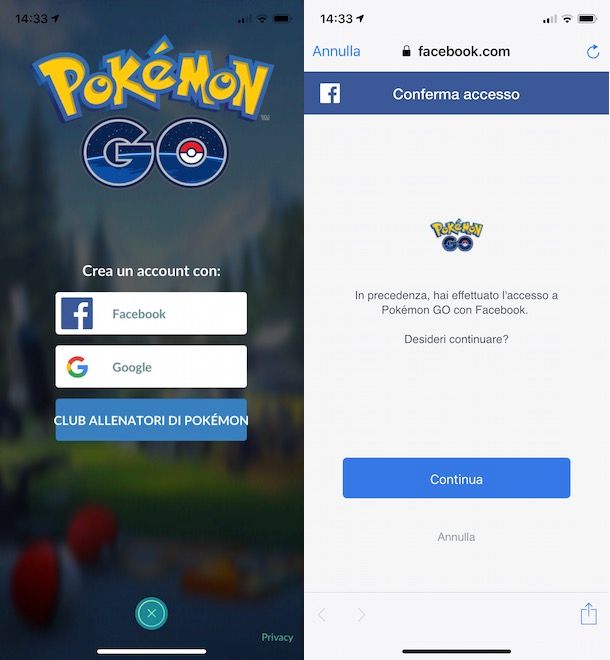 Accedere a Pokémon GO con Facebook