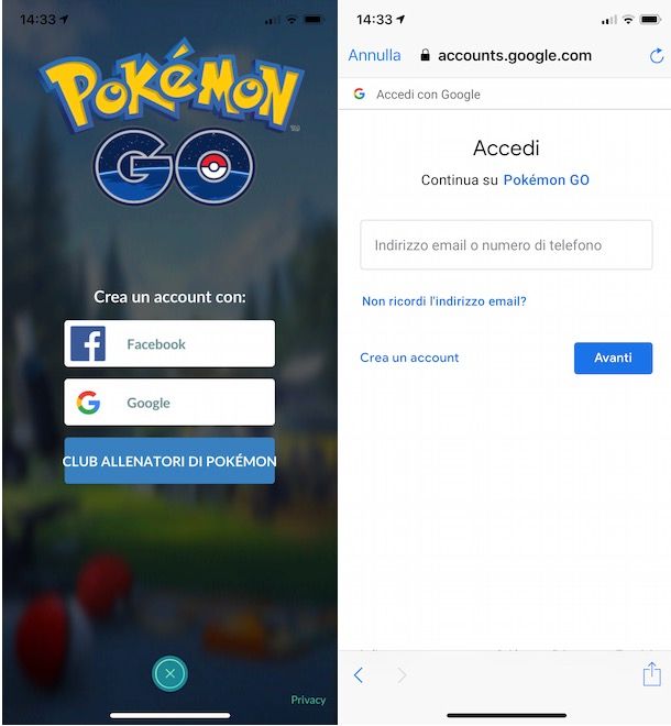 Accedere a Pokémon GO con Google