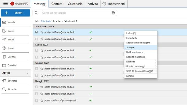 Come stampare esportare messaggi PEC Aruba PDF