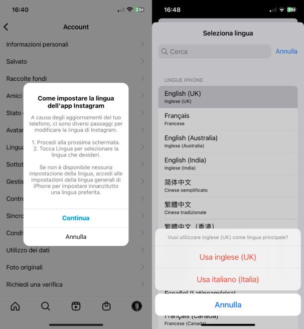 Modificare la lingua su Instagram da iOS
