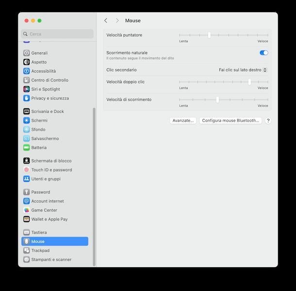 macOS impostazioni mouse