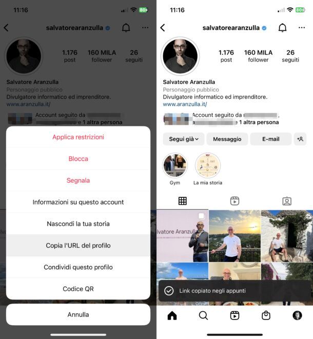 Copiare link profilo Instagram