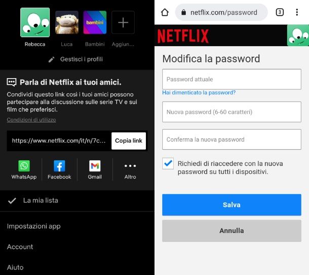 Cambiare password Netflix app Android