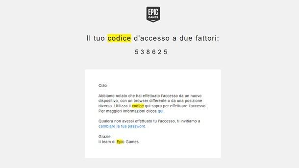 Codice 2FA Epic Games Fortnite