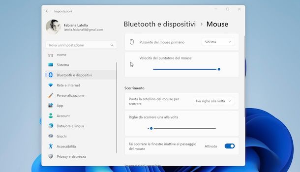 Modificare velocità del puntatore del mouse Windows 11 