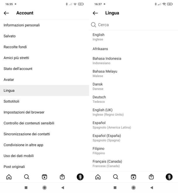 Modificare la lingua su Instagram dall'app per Android