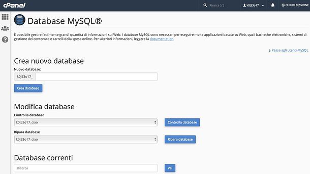 Gestione database cPanel