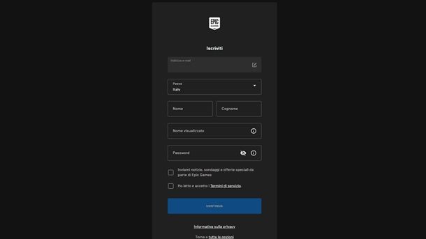 Modulo per creare account Epic Games con indirizzo email