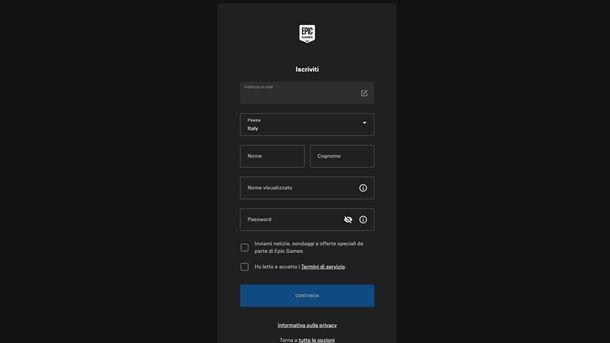 Modulo per creare account Epic Games con indirizzo email