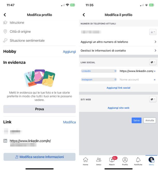 Mettere link Instagram nelle informazioni di Facebook