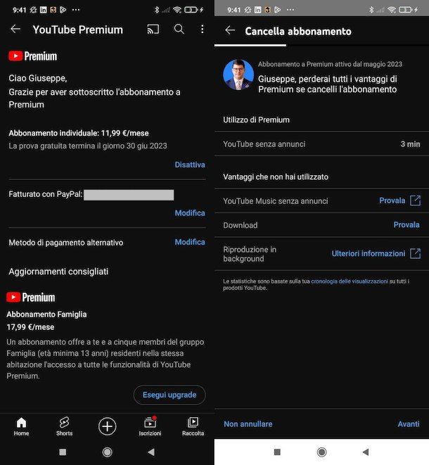 Disattivare YouTube Premium su Android