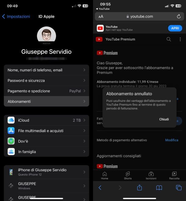 Disattivare YouTube Premium da iPhone