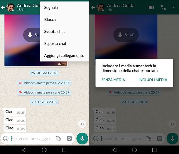 Esportazione chat WhatsApp Android