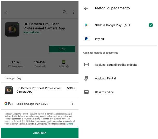 Comprare su Google Play senza carta di credito - cambiare metodo di pagamento