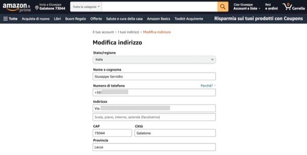 Come modificare indirizzo spedizione Amazon