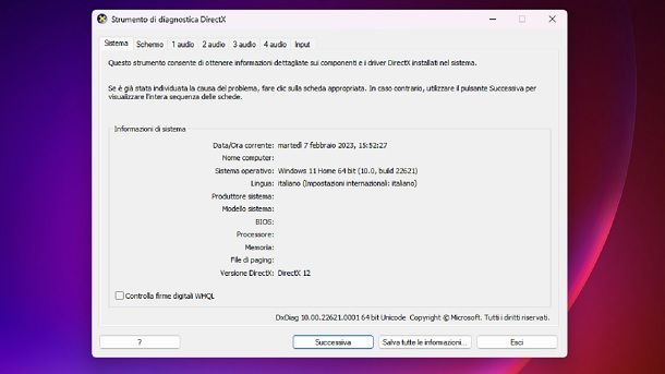 Verificare versione DirectX Windows 11