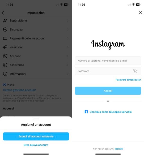 Aggiungere account Instagram