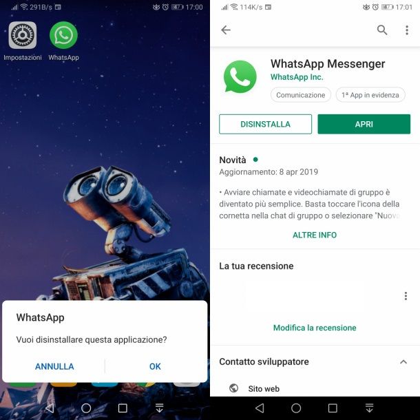 android disinstallare whatsapp