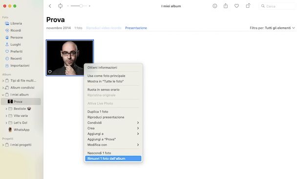 Eliminare una foto da un album su Mac