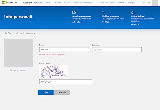 Nome utente account Microsoft