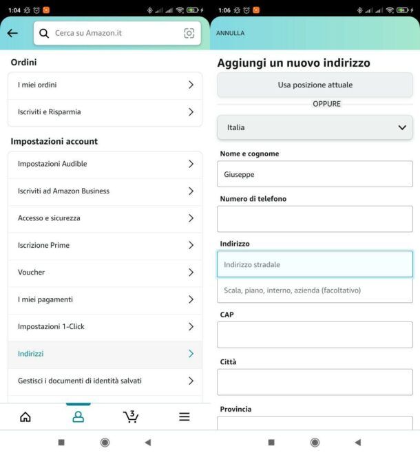 Come modificare indirizzo spedizione Amazon