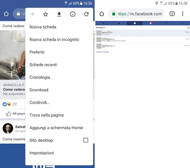 Screenshot chat di Facebook da mobile