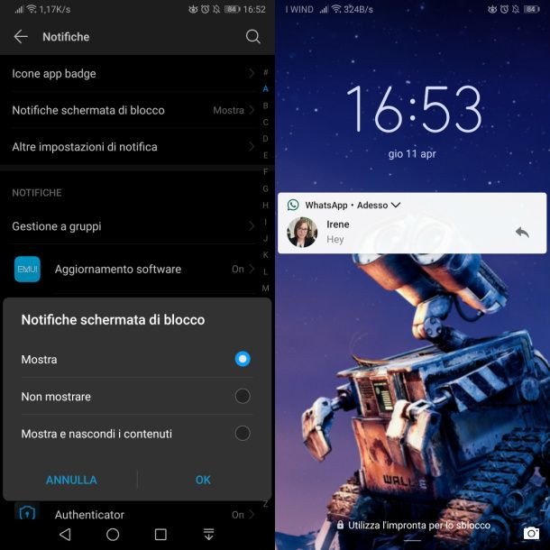 huawei mostra notifiche su blocco schermo