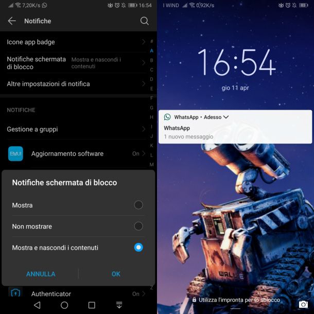 huawei nascondi contenuto notifiche su blocco schermo