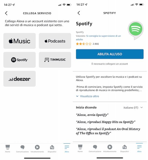 Collegare Spotify ad Alexa