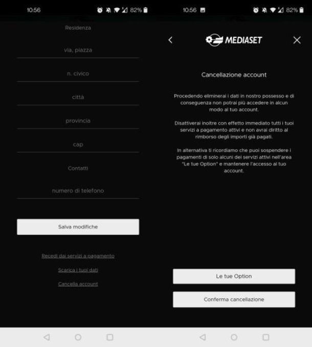Cancellare account Mediaset Infinity smartphone