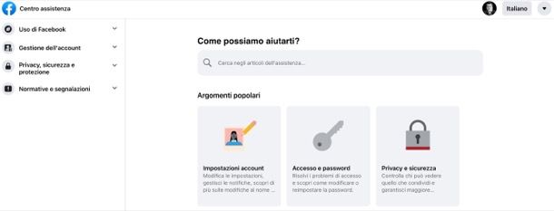 Centro assistenza di Facebook