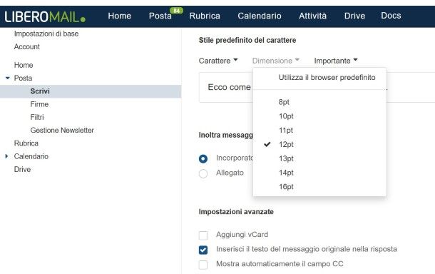 Ingrandire i caratteri della posta elettronica Libero