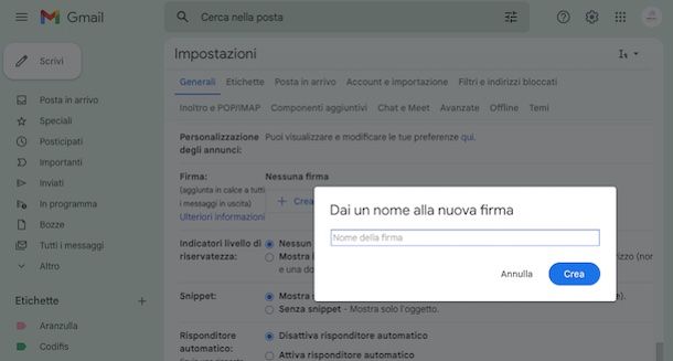 Varie impostazioni Gmail