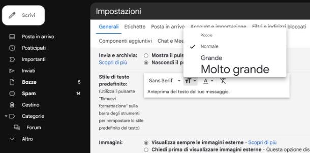 Ingrandire i caratteri della posta elettronica Gmail